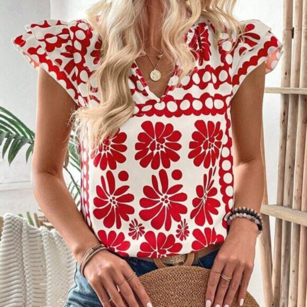 Multicolor Boho Women's Sleeveless V-Neck Blouse With All-Over Print